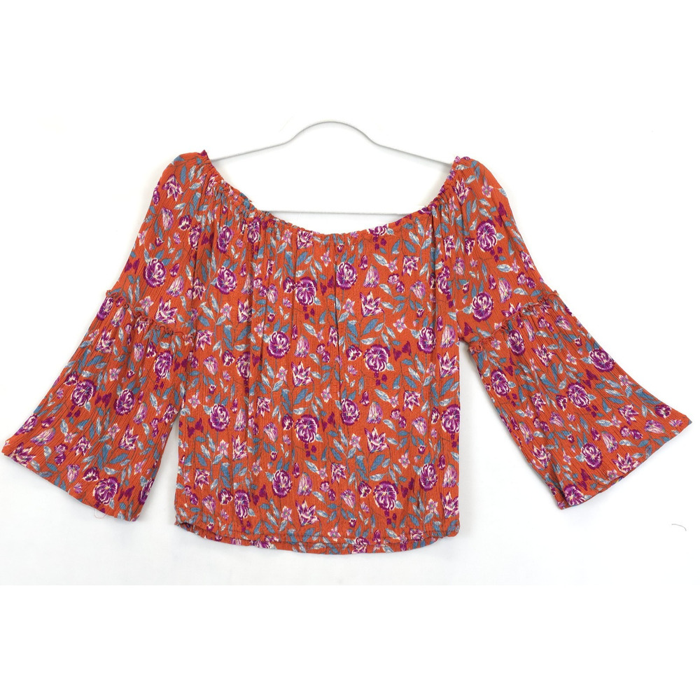Forever21 Crop Top Boat Neck Off Shoulder Floral Women M‎ Orange Purple Cottage